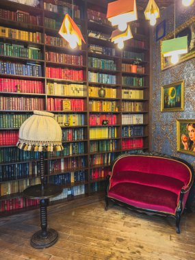 Ukraine Yaremche 21.01.25This inviting corner features a vibrant bookshelf filled with numerous books, a plush red couch, and unique lighting, creating an ideal atmosphere for reading and relaxation.