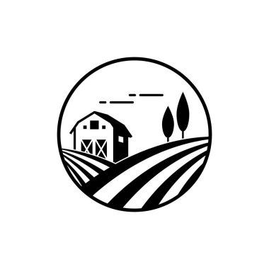 Çiftlik logosu şablonu. Çayır silueti, ufuk açılı kara simgesi. Çiftlik yemeği rozeti. Vektör