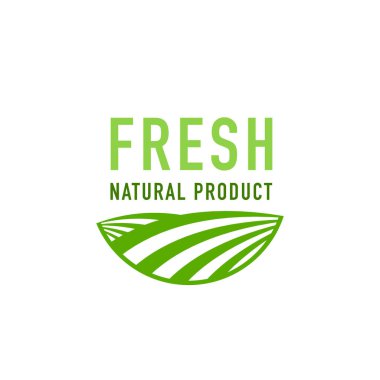 Çiftlik logosu şablonu. Çayır silueti, ufuk açılı kara simgesi. Çiftlik yemeği rozeti. Vektör