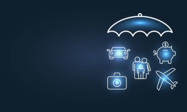 Sigorta konsepti. Koruyucu jest ve sigorta ikonları. Şemsiye simgesi. Vektör