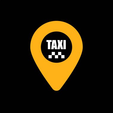 Sarı taksi ikonu. Taksi işaretli harita iğnesi. Vektör illüstrasyonu