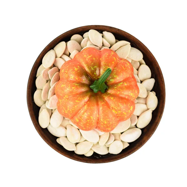 Decorative Pumpkin Seeds Clay Bowl Isolated White Background Decoration Halloween — Stock Photo, Image