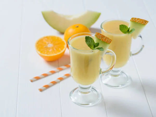 Two Glass Mugs Melon Smoothie Fruit White Wooden Table Diet — Stock Photo, Image