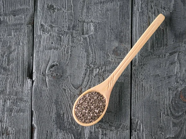 Chia Seeds Spoon Dark Wooden Table Vegetarian Food Diet Weight — Stock Photo, Image