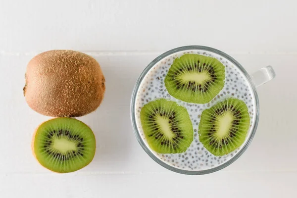 Half Kiwi Pudding Chia Seeds Kiwi Peach White Table Diet — Stock Photo, Image