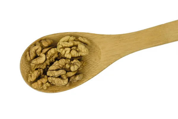 Large Wooden Spoon Walnuts Isolated White Background Natural Diet Vegetarian — Stock Photo, Image