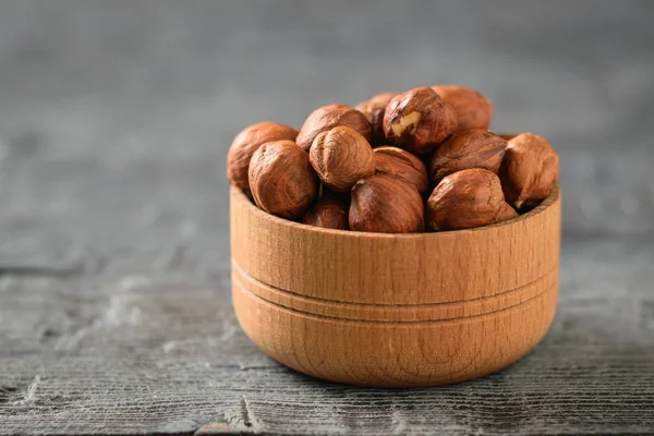 Wooden Bowl Hazelnuts Black Wooden Table Natural Diet Vegetarian Food — Stock Photo, Image