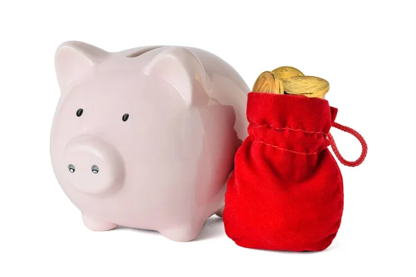 Beautiful Red Bag Coins Piggy Bank Isolated White Background Concept — Stock Photo, Image