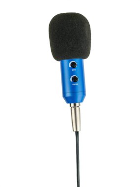 Vertically positioned blue microphone with wire isolated on white background. clipart