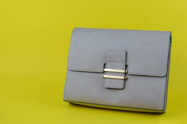 Parlak sarı arka planda açık gri kadın çantası.
