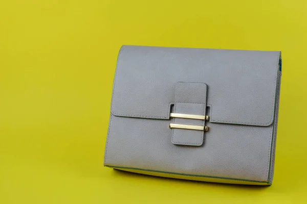 Light gray women's bag on a bright yellow background. — 스톡 사진