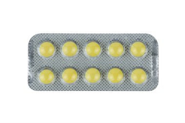 Beyaz arka planda izole sarı hapları ile Parlak paket.