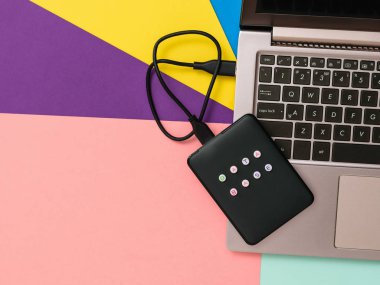 Renkli arka planda dizüstü bilgisayara bağlı harici sabit disk etiketli veritabanı. Düz yatıyordu. Yedekleme depolama kavramı.