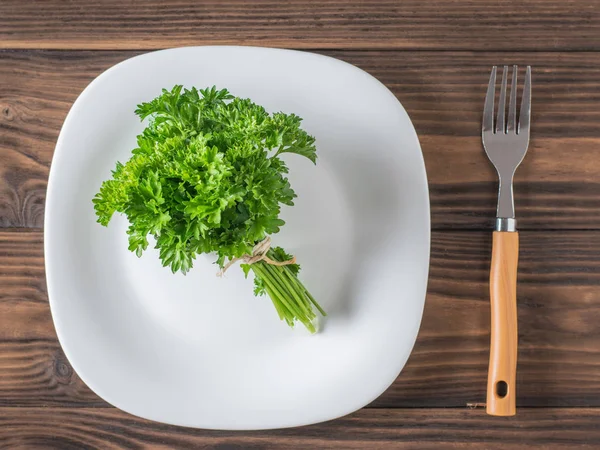 Um monte de salsa fresca em um prato branco e um garfo em uma mesa de madeira. Depósito plano . — Fotografia de Stock