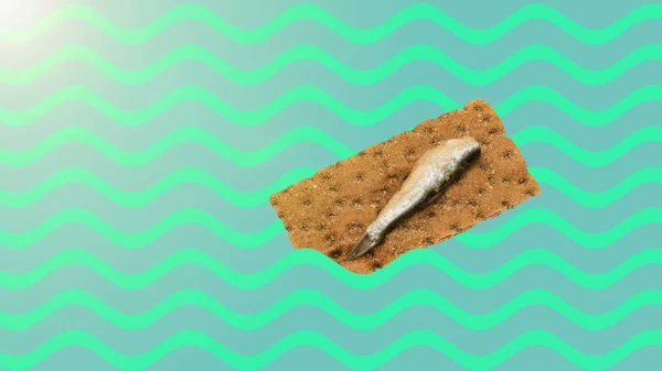 Pesce affumicato sul pane tostato contro il mare. Collage d'arte contemporanea. Arte . — Foto Stock