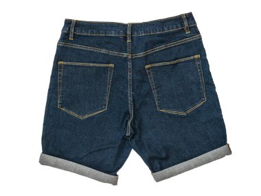 Mavi denim şort beyaz arka planda izole. Moda Unisex Giyim.