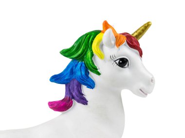 Beyaz bir arka planda izole bir tek boynuzlu at figürü. Eğilim. Minimalizm. Çağdaş sanat kolaj.