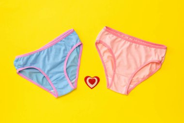 Sarı bir arka planda bir kalp ile mavi ve pembe külot. Toplantı severler kavramı. Iç çamaşırı. Üstteki görünüm.