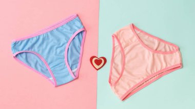 Mavi ve pembe külot ve mavi ve pembe arka plan üzerinde kırmızı kalp. Aşıklar buluşma kavramı. Iç çamaşırı. Yukarıdan görünüm.