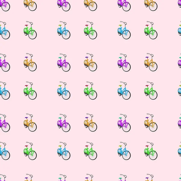 Безшовний візерунок акуратно розташованих барвистих велосипедів. Мистецький колаж . — стокове фото