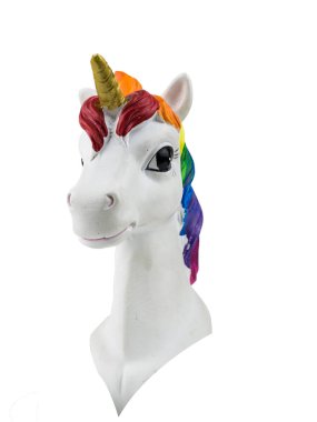 Beyaz bir arka plan üzerinde izole edilmiş Haliç'li tek boynuzlu bir boynuz figürünün başı. Eğilim. Minimalizm.