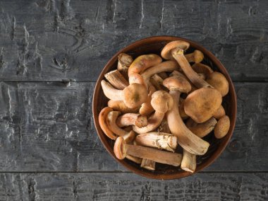 Orman mantarlarıyla dolu bir kil kasesinin üst görüntüsü. Masanın üzerinde orman mantarları var. Düz yatıyordu.