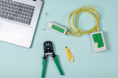 Testçi, dizüstü bilgisayarı internete bağlamak için kabloyu kontrol eder..