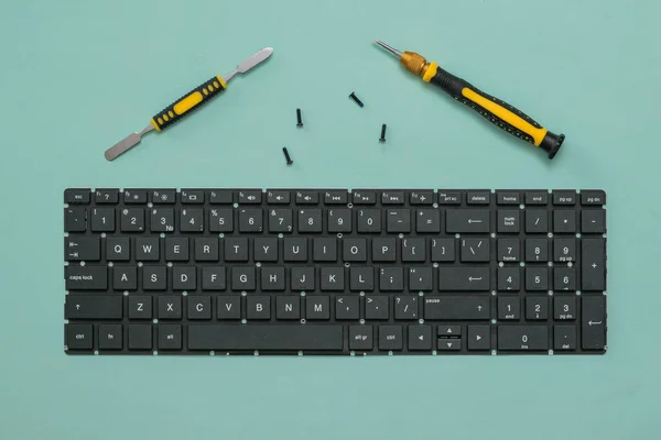 Клавіатура ноутбуків і викрутки з гвинтами на синьому фоні . — стокове фото