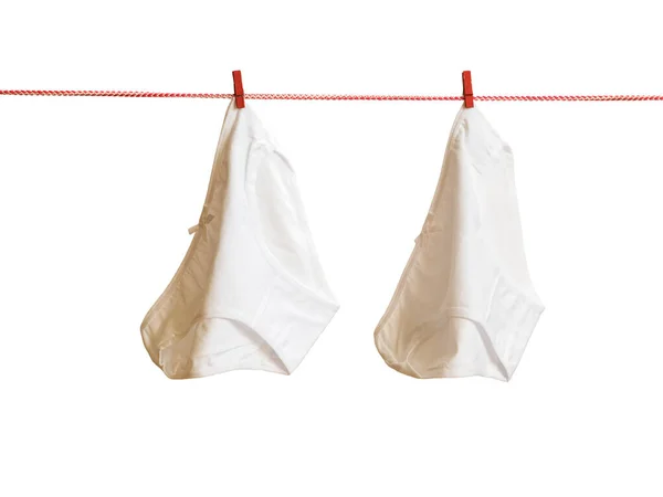 Çamaşır ipinde iki kadın külotu kuruyor. Beyaz bir arkaplanda izole edilmiş. — Stok fotoğraf