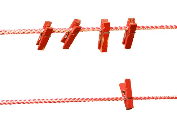 Two clotheslines with red clothespins isolated on a white background. — Stock Photo, Image