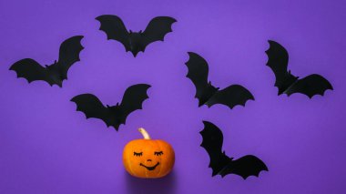 Yüzü boyanmış balkabağı ve leylak arkaplanda uçan fareler..