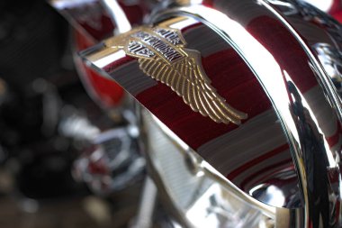 Jakarta, Endonezya - 23 Eylül 2025: Harley Davidson motosikletinin yakın plan fotoğrafı.