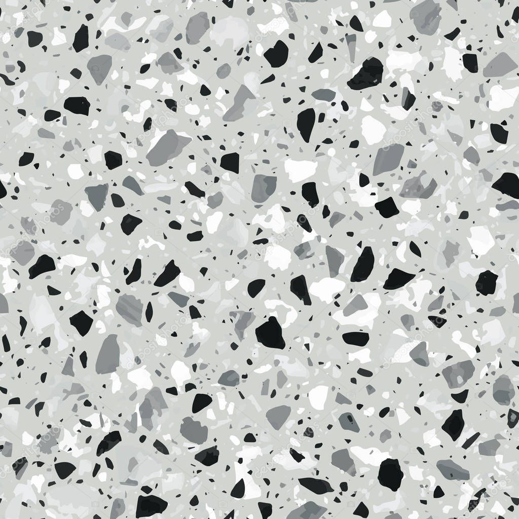 Terrazzo flooring vector seamless pattern in light grey colors. Classic italian type of floor in Venetian style composed of natural stone, granite, quartz, marble, glass and concrete