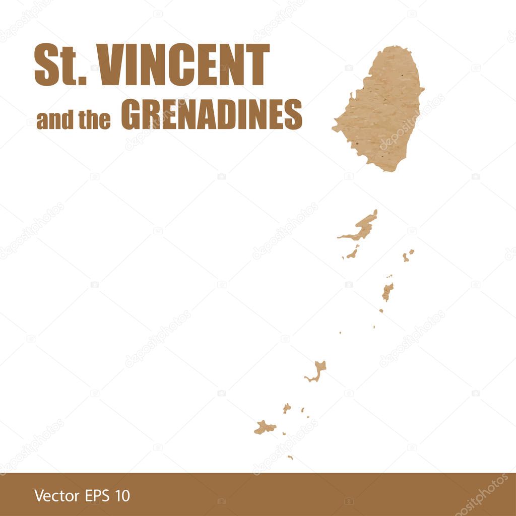 Vector illustration of detailed map of St.Vincent and the Grenadines islands cut out of craft paper or cardboard