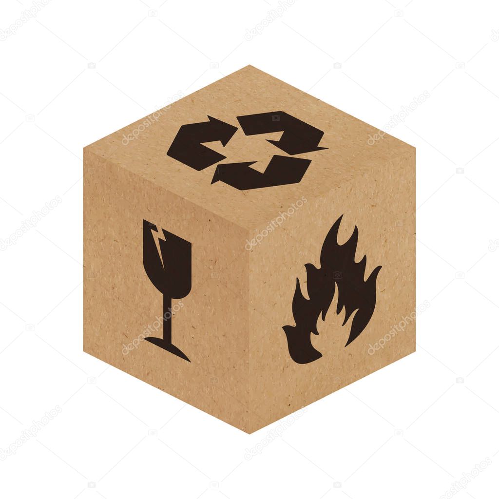 Handle with Care vector packaging symbols on cardboard box. Vector EPS 10