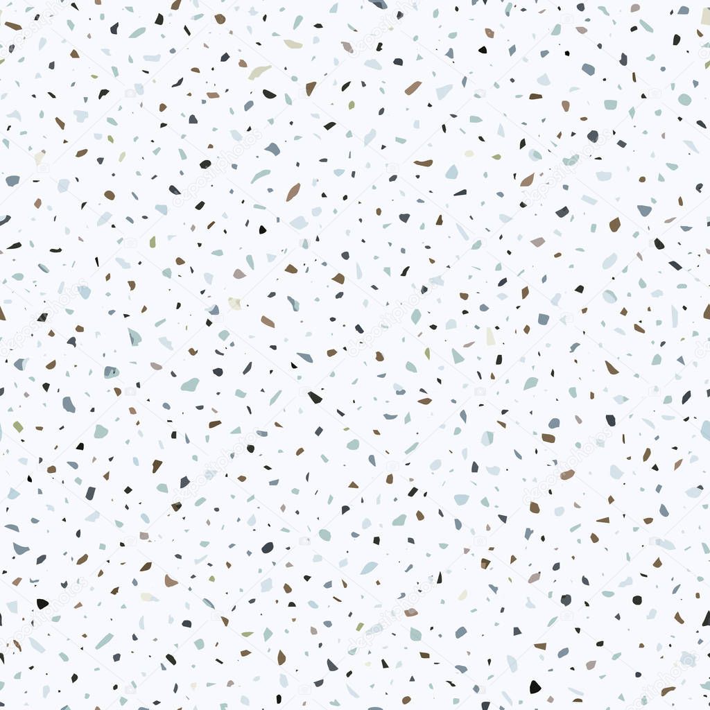 Terrazzo flooring vector seamless pattern in light colors. Classic italian type of floor in Venetian style composed of natural stone, granite, quartz, marble, glass and concrete