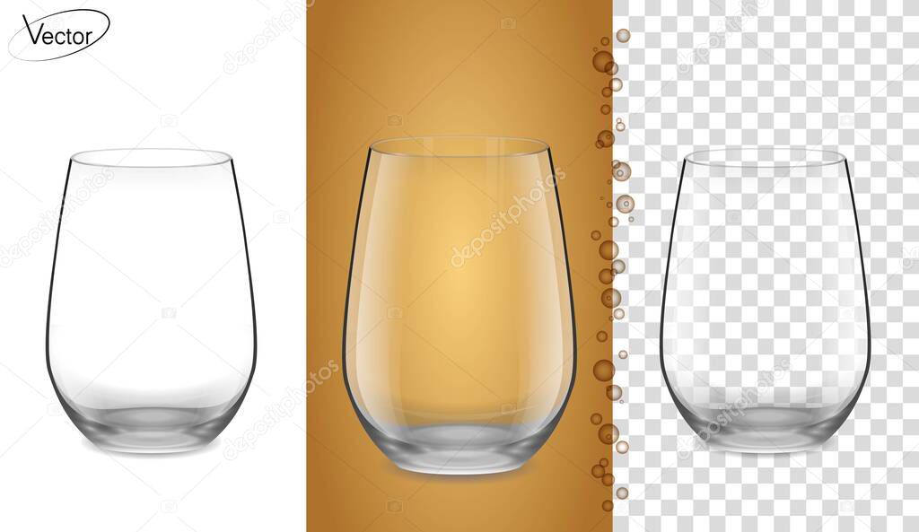 Tableware for drinks made of glass. Empty glass on a transparent background and on an amber background. Glass for white wine and champagne with bubbles. Realistic, highly detailed layout. 3d, vector.