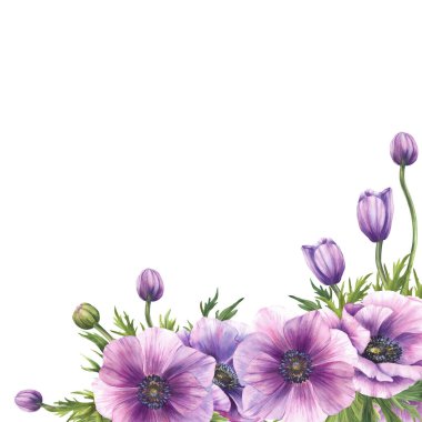 Mor tomurcuklu, yeşil yapraklı ve uzun gövdeli amonyak çiçekleri. Suluboya Gerçekçi Yeşillik Şablonu düğün için çiçek şablonu, tebrik kartı. El çizimi arkaplan resimlerinden izole