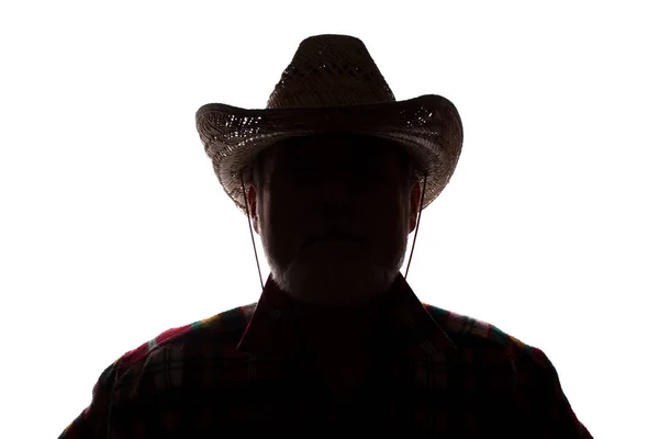 Kovboy şapka yaşlı adam, ön görünüm-koyu yakın çekim siluet — Stok fotoğraf