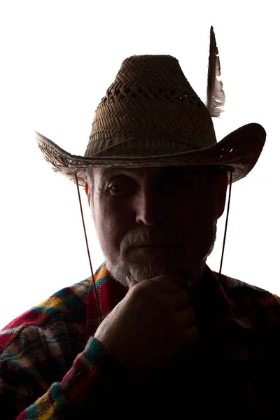 Mietteliäs vanha mies cowboy hattu, parta, etunäkymä - siluetti — kuvapankkivalokuva