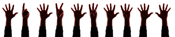 Many hand's young man with fingers apart, numbers - silhouette, concept — Stock Photo, Image