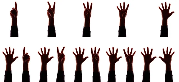 Many hand's young man with fingers apart, numbers - silhouette, concept — Stock Photo, Image