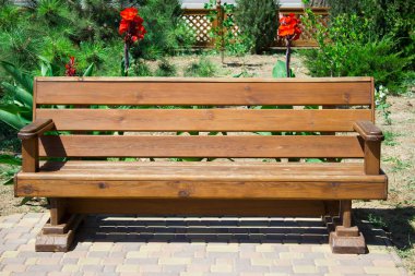 Park bitkileri arasında güzel ahşap tezgah, dinlenme