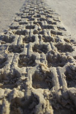 Gün doğumunda kum araba lastik quadro döngüsünde Ayak Izi, doku