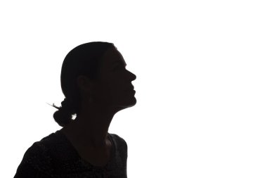 Genç kadın portresi, dalgın, düşünme yan görünümü - siluet, izole