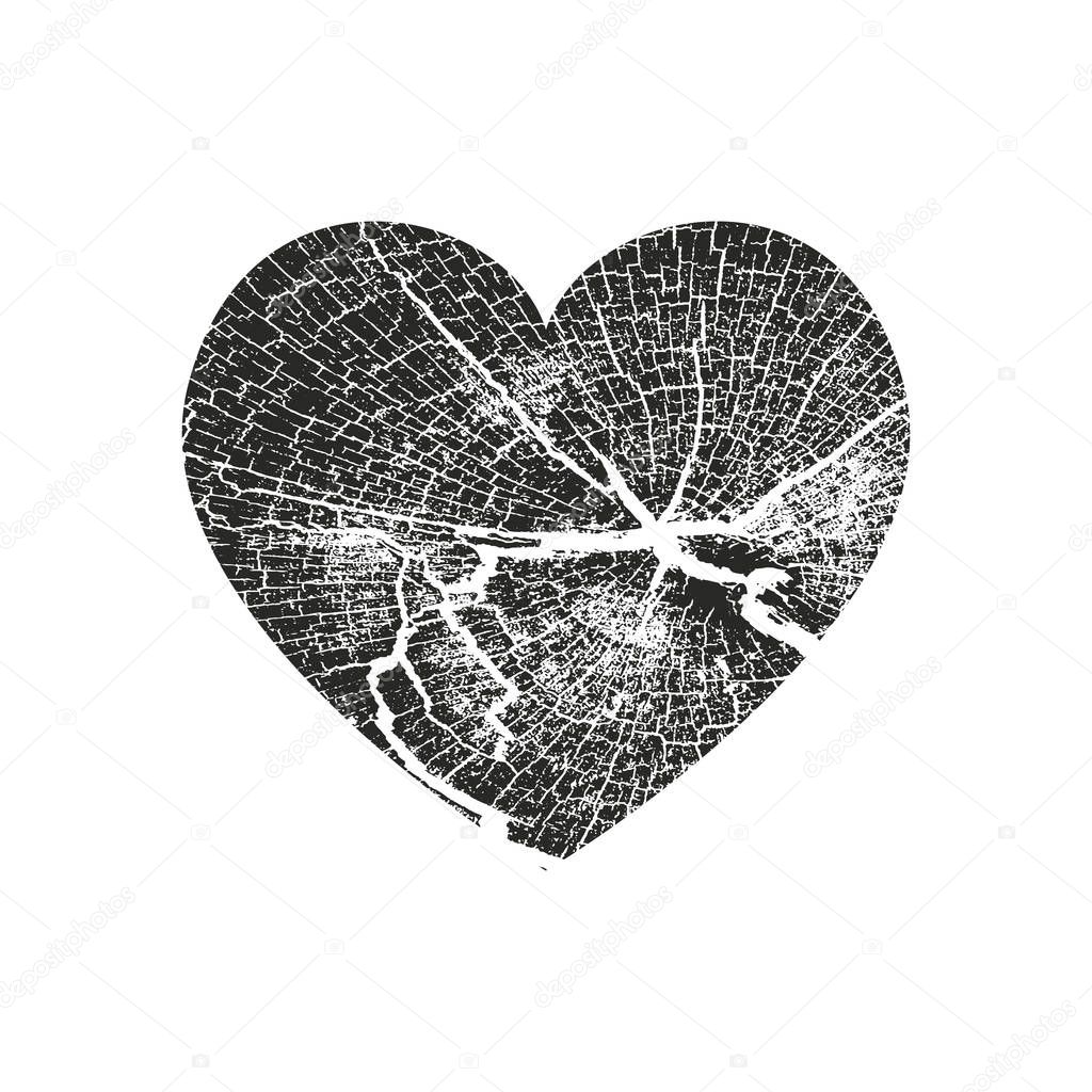 Isolated distress grunge heart with wooden texture. Element for greeting card, Valentine s Day, wedding. Creative concept. Vector illustration