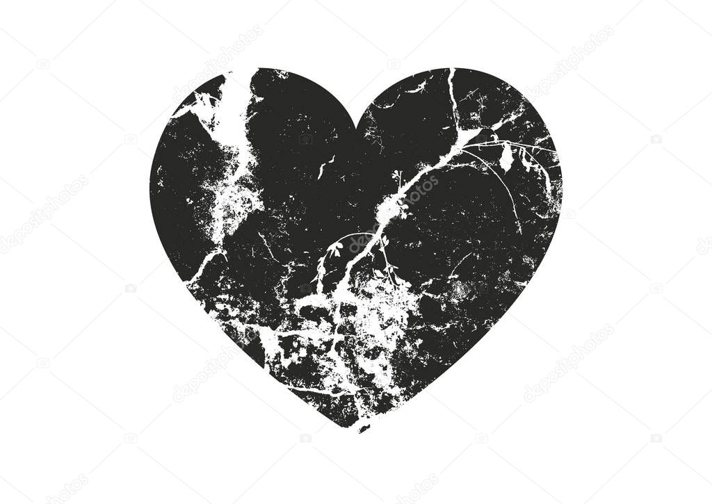 Isolated distress grunge heart with concrete texture. Element for greeting card, Valentine s Day, wedding. Creative concept. Vector illustration