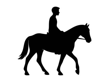Beyaz arka planda izole edilmiş siyah bir adam silueti. Binici, binici, atlet, atlet, macera, ata binme, ikon, logo, tasarım unsuru.