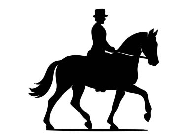 Beyaz arka planda izole edilmiş, ata binen bir kadının siyah silueti. Binicilik, ata binme, spor, etkinlik, hayvan, terbiye, simge, logo, tasarım unsuru.