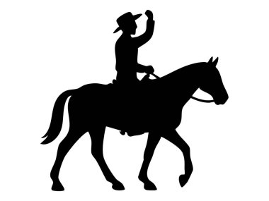 Siyah siluet at süren adam, el sallayan, beyaz arka planda izole edilmiş. Kovboy, binici, çiftlik hayatı, macera, batı kültürü, ikon, tasarım elementi konsepti.